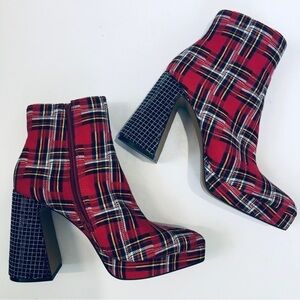 BETSEY JOHNSON Raylan Red Multi Plaid Platform Rhinestone Heel Ankle Boots